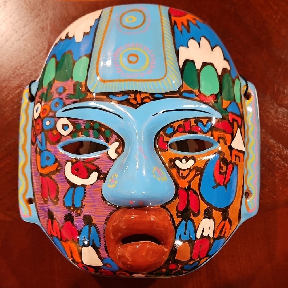 Vintage Mexican Folk Art Clay Mask - Hand Painted Terracotta Wall Hanging Decor